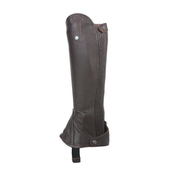 Braune Leder-Haustierpflege-Chaps mit Druckknopfverschluss und strukturiertem Design, vor einem weißen Hintergrund präsentiert.