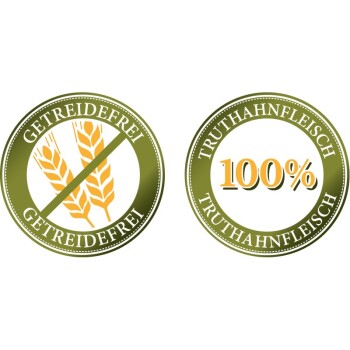 Zwei runde Siegel: links steht "GETREIDEFREI" mit einem durchgestrichenen Weizensymbol; rechts steht "TRUTHAHNFLEISCH 100%" für 100% Truthahnfleisch.