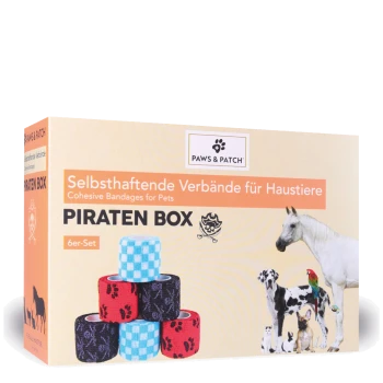 Paws & Patch PIRATEN BOX selbsthaftende Verbände für Tiere, gestapelte bunte Rollen mit Tiermotiven; sichtbarer Text 'Selbsthaftende Verbände'.