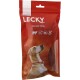 Eine rote Verpackung von LECKY Gourmet-Sticks für Hunde mit einem Hund, der nach oben schaut, mit Symbolen, die 100% natürliche Zutaten und Rindertalg anzeigen.