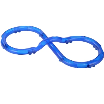Blue infinity-shaped dog toy made of durable plastic, designed for chewing and play.