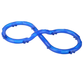 Blue infinity-shaped dog toy made of durable plastic, designed for chewing and play.