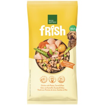 Gelber Real Nature Frish Adult Hundefutterbeutel, zeigt Schüssel mit Huhn, Kartoffel, Karotte und Erbsen