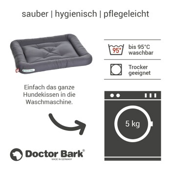 Graues Hundebett von Doctor Bark, maschinenwaschbar bis 95°C, trocknergeeignet, mit dem Text: "Einfach das ganze Hundekissen in die Waschmaschine."