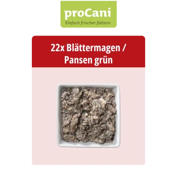 ProCani Hundefutterpaket mit grünem Pansen, mit einer malerischen Kulisse und dem Text "Blättermagen / Pansen grün." 22x Portionen angegeben.