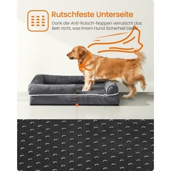 Golden Retriever auf einem grauen Hundebett mit rutschfester Unterseite, orangefarbener Umhanggrafik und sichtbarem Text 'Rutschfeste Unterseite'.