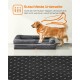 Golden Retriever auf einem grauen Hundebett mit rutschfester Unterseite, orangefarbener Umhanggrafik und sichtbarem Text 'Rutschfeste Unterseite'.
