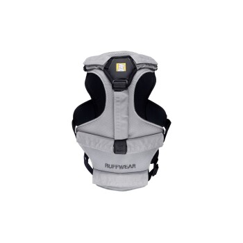 Ein graues Hundegeschirr mit schwarzen Akzenten, mit verstellbaren Riemen und einem Logo eines Hundes auf gelbem Hintergrund, beschriftet mit "RUFFWEAR."