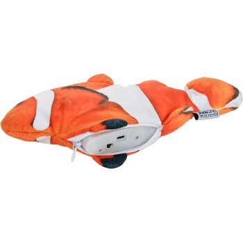 Orange-weißes Haustierspielzeug in Form eines Clownfischs mit Reißverschluss, der elektronische Komponenten zeigt, beschriftet mit "ANIONE Wild variety."