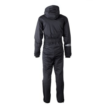 Ein schwarzer Haustier-Jumpsuit mit Kapuze, mit elastischem Bund und Bündchen, von hinten gezeigt.