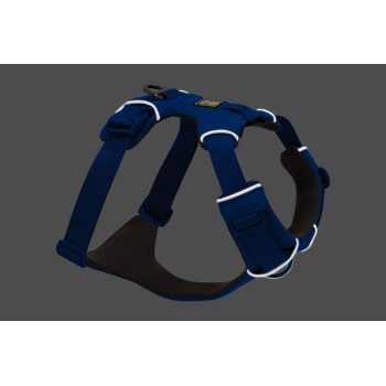 Blaue Hundegeschirr mit reflektierenden Akzenten und verstellbaren Riemen, vor einem grauen Hintergrund präsentiert.