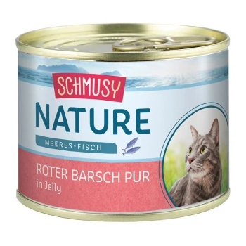 Eine Dose Schmusy Nature Katzenfutter mit "Roter Barsch Pur in Jelly", mit einem Bild einer grauen Katze auf dem Etikett.