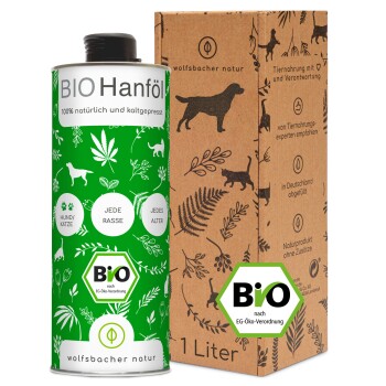 Grüner Behälter mit BIO Hanföl, beschriftet mit '100% natürlich und kaltgepresst', neben einer braunen Pappschachtel mit Haustierillustrationen.