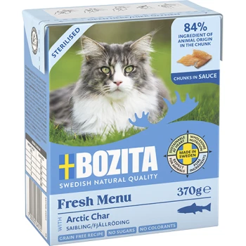 Bozita Fresh Menu Katzenfutterbox mit einer getigerten Katze, beschriftet mit "Freilaufendes Wild" und "84% tierische Zutaten" sowie "Getreidefreies Rezept."