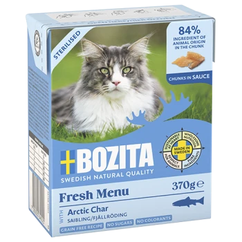 Bozita Fresh Menu Katzenfutterbox mit einer getigerten Katze, beschriftet mit "Freilaufendes Wild" und "84% tierische Zutaten" sowie "Getreidefreies Rezept."
