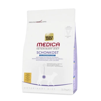 Un sac de 2,5 kg de Select Gold Medica Veterinary Diet Schonkost, faible en calories et digestible pour la santé gastro-intestinale, avec des étiquettes multilingues.