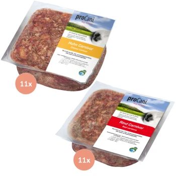 Zwei proCani Hundefutterpakete: "Huhn Carnivor" (Huhn) und "Rind Carnivor" (Rind), jeweils mit 11 Portionen.