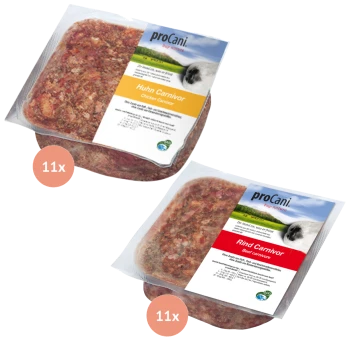 Zwei proCani Hundefutterpakete: "Huhn Carnivor" (Huhn) und "Rind Carnivor" (Rind), jeweils mit 11 Portionen.