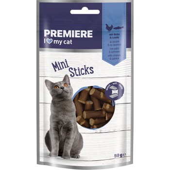 PREMIERE I love my cat Mini Sticks Katzenleckerlis mit Huhn & Lachs, weiche Textur, 50 g Packung mit grauem Katzenbild.