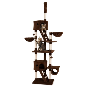 Brauner Katzenbaum mit mehreren Ebenen, Kratzpfosten und gemütlichen Verstecken, entworfen zum Klettern und Spielen.