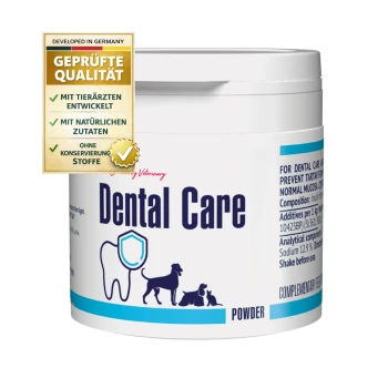 Weißer Behälter von GIGI Veterinary Dental Care Pulver für Haustiere, mit Zahn- und Hund-, Katzen-, Kaninchen-Symbolen.