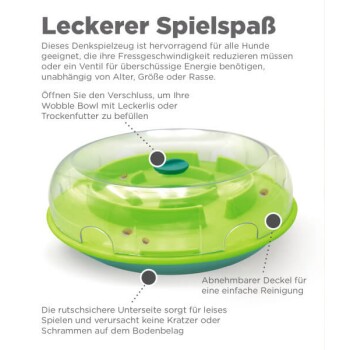 Wobble Bowl für Hunde, grün und transparent, mit abnehmbarem Deckel, ideal zur Futterverlangsamung und für leises Spielen.