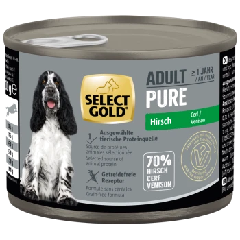 Dose Select Gold Adult Pure Hundefutter mit Wildgeschmack, 70 % tierischem Protein, getreidefreie Formel und einem schwarz-weißen Hundebild.