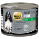 Dose Select Gold Adult Pure Hundefutter mit Wildgeschmack, 70 % tierischem Protein, getreidefreie Formel und einem schwarz-weißen Hundebild.