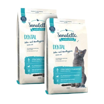 Zwei Beutel Sanabelle Dental Katzenfutter mit grauem Katzenbild und Text zu Zahnpflege und strukturierten Pflanzenfasern.