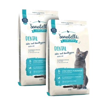 Zwei Beutel Sanabelle Dental Katzenfutter mit grauem Katzenbild und Text zu Zahnpflege und strukturierten Pflanzenfasern.