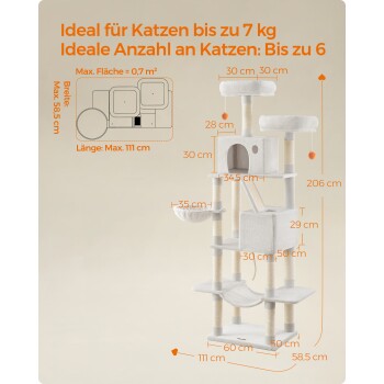 Katzenbaum für Katzen bis zu 7 kg, Maße: 206 cm Höhe, 111 cm Länge, 58,5 cm Breite, ideal für bis zu 6 Katzen.