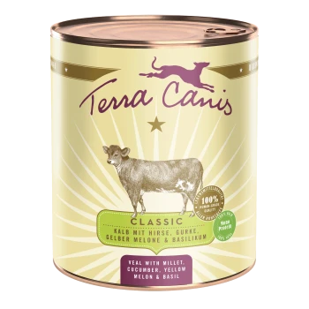 Dose mit Terra Canis Hundefutter, die eine Kuh-Illustration zeigt, beschriftet mit 'Classic' und Zutaten: Kalbfleisch, Hirse, Gurke, gelbe Melone und Basilikum.