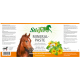 Etikett von Stiefel Mineral-Paste: Pferdekopf, grünes Pferdelogo, gelbe Blumen, Text 'MINERAL-PASTE', 'Fitness für Pferdebeine', 2 kg