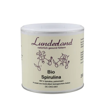 Behälter mit Lunderland Bio Spirulina, 100% pulverisierte Spirulina, mit Cartoon-Tieren und Text auf Deutsch über natürliche Fütterung.