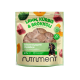 Packung Nutriment Hundetrockenfutter-Medaillons mit Lamm, Kürbis und Brokkoli, mit Bild eines schwarzen und braunen Hundes.