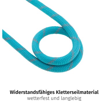 Türkise Kletterseil, das in einer Schleife gewickelt ist, mit dem Text darunter: "Widerstandsfähiges Kletterseilmaterial wetterfest und langlebig."