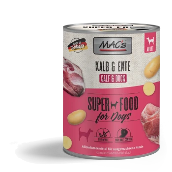 Dose MAC's Super Food für Hunde, Kalb & Ente Geschmack, getreidefrei, hoher Fleischanteil, hergestellt in Deutschland, für erwachsene Hunde.