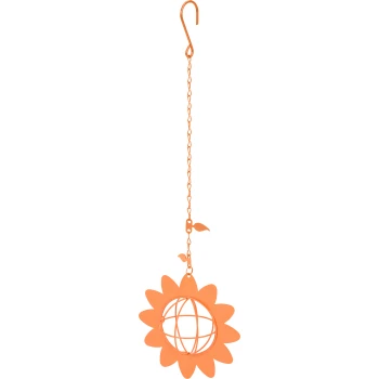 Orange flower-shaped bird feeder with a hanging hook and chain, featuring a wire mesh center for holding seeds.