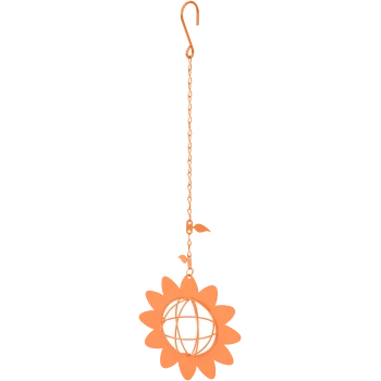 Orange flower-shaped bird feeder with a hanging hook and chain, featuring a wire mesh center for holding seeds.