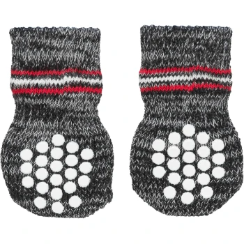 Gray knitted pet socks with red and black stripes, featuring non-slip pads on the bottom.