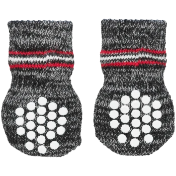 Gray knitted pet socks with red and black stripes, featuring non-slip pads on the bottom.