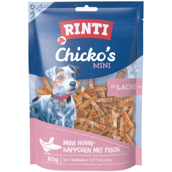 Friandises pour chiens RINTI Chicko's MINI, illustration d'un chien, bandes visibles ; texte "MIT LACHS" et "Mini Huhn-Häppchen".