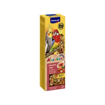 Vitakraft bird treat box featuring two colorful birds on the front, labeled "Kräcker" with almonds and figs, highlighting vitamins and minerals.