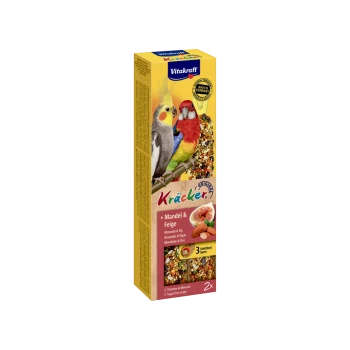 Vitakraft bird treat box featuring two colorful birds on the front, labeled "Kräcker" with almonds and figs, highlighting vitamins and minerals.