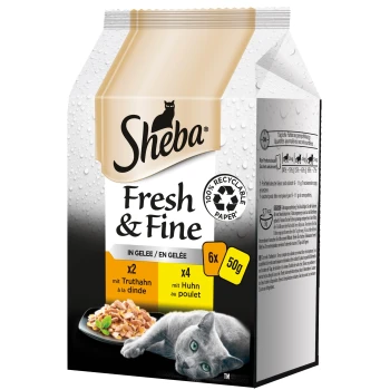 Fresh&Fine 36x50g Geflügel Die Verpackung von Sheba Fresh & Fine Katzenfutter mit einer grauen Katze und zerrissenem Fleisch. Enthält 6 recycelbare Beutel: 2 Puten, 4 Hähnchen, jeweils 50g.