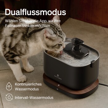 Eine Katze, die aus einem modernen Haustier-Wasserbrunnen mit einem eleganten schwarzen Design und einem Holzsockel trinkt, mit Text über doppelte Flussmodi.