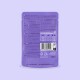 Dos d'un sachet violet Edgard & Cooper pour chats montrant un petit texte nutritionnel, un code-barres, un tableau « PORTIONS RECOMMANDÉES » et « 85 g ».