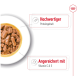 Schüssel mit Haustierfutter, die Fleischstücke in Soße zeigt, mit dem Text, der 'Hochwertiger Proteingehalt' und 'Angereichert mit Vitamin C & E' hervorhebt.