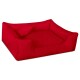 Rote Haustierliege mit erhöhten Seiten und einem kleinen Kissen, entworfen für Komfort und Unterstützung für Hunde oder Katzen.