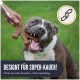 Ein glücklicher Hund mit einem knochenförmigen Kauspielzeug und einer Hand im Hintergrund. Text: "DESIGNT FÜR SUPER-KAUER! Härter als echte Knochen."